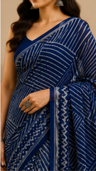 Pure Navy Zigzag Handblock Print Chiffon Saree
