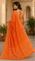 Pure Orange Handblock Print Chiffon Saree