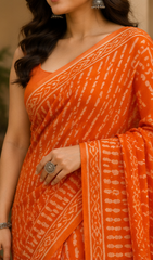 Pure Orange Handblock Print Chiffon Saree