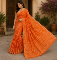 Pure Orange Handblock Print Chiffon Saree