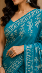 Pure Rama Green Handblock Print Chiffon Saree