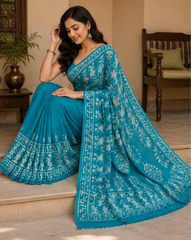 Pure Rama Green Handblock Print Chiffon Saree