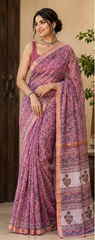 Pure Dusty Mauve Handblock Print Kota Doria Saree