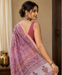 Pure Dusty Mauve Handblock Print Kota Doria Saree