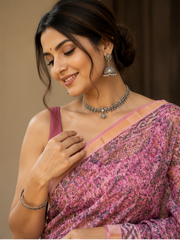 Pure Dusty Mauve Handblock Print Kota Doria Saree