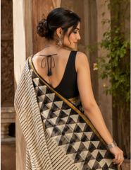 Pure Black Checks Block Print Kota Doria Saree