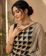 Pure Black Checks Block Print Kota Doria Saree