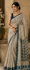 Pure Chiku Green Block Print Kota Doria Saree