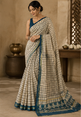 Pure Chiku Green Block Print Kota Doria Saree