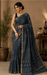 Pure Charcoal Grey Block Print Kota Doria Saree