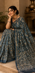 Pure Indigo Blue Block Print Kota Doria Saree