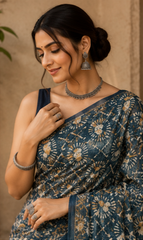Pure Indigo Blue Block Print Kota Doria Saree