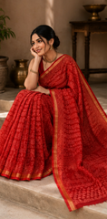 Pure Red Block Print Kota Doria Saree