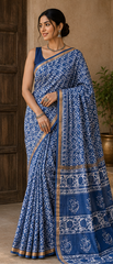 Pure Blue Block Print Kota Doria Saree