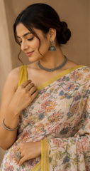 Pure Cream Multiflowers Block Print Kota Doria Saree