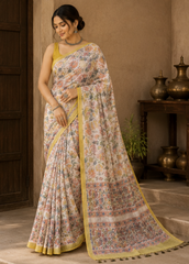 Pure Cream Multiflowers Block Print Kota Doria Saree