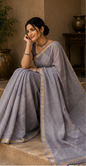 Pure Steel Grey Block Print Kota Doria Saree