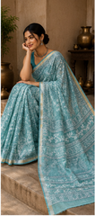 Pure Sky Blue Block Print Kota Doria Saree