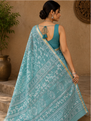 Pure Sky Blue Block Print Kota Doria Saree