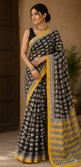 Pure Black Carrie Block Print Kota Doria Saree
