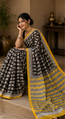 Pure Black Carrie Block Print Kota Doria Saree