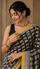 Pure Black Carrie Block Print Kota Doria Saree
