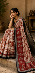 Pure Cream red Dots Block Print Kota Doria Saree