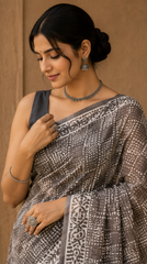 Pure Grey Block Print Kota Doria Saree