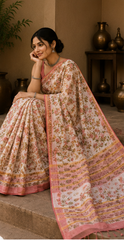 Pure Pink Multi Block Print Kota Doria Saree