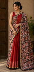 Pure Red Multi Block Print Kota Doria Saree