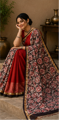 Pure Red Multi Block Print Kota Doria Saree