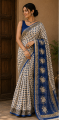 Pure Blue polka Block Print Kota Doria Saree