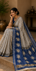 Pure Blue polka Block Print Kota Doria Saree