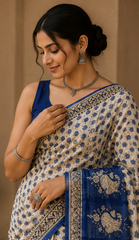 Pure Blue polka Block Print Kota Doria Saree