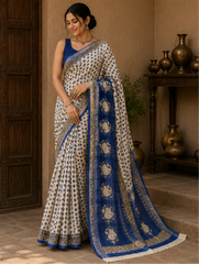 Pure Blue polka Block Print Kota Doria Saree