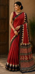 Pure Red Border Block Print Kota Doria Saree