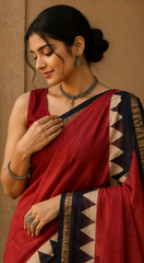 Pure Red Border Block Print Kota Doria Saree