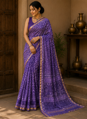 Pure Violet Block Print Kota Doria Saree