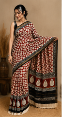 Pure Brick Red Block Print Chanderi Silk Saree