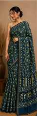 Pure Peacock Blue Block Print Chanderi Silk Saree