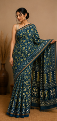 Pure Peacock Blue Block Print Chanderi Silk Saree