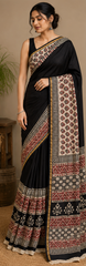 Pure Black Block Print Chanderi Silk Saree