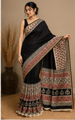 Pure Black Block Print Chanderi Silk Saree