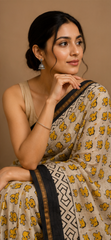 Pure Creamish Yellow Block Print Chanderi Silk Saree