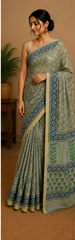 Pure Sage green Block Print Chanderi Silk Saree