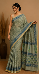 Pure Sage green Block Print Chanderi Silk Saree