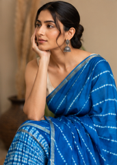 Pure Royal Blue Block Print Chanderi Silk Saree