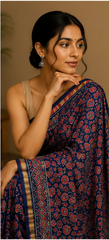 Pure Indigo Blue Block Print Chanderi Silk Saree