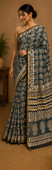 Pure Indigo Green Block Print Chanderi Silk Saree