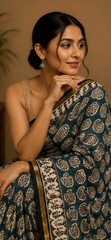 Pure Indigo Green Block Print Chanderi Silk Saree